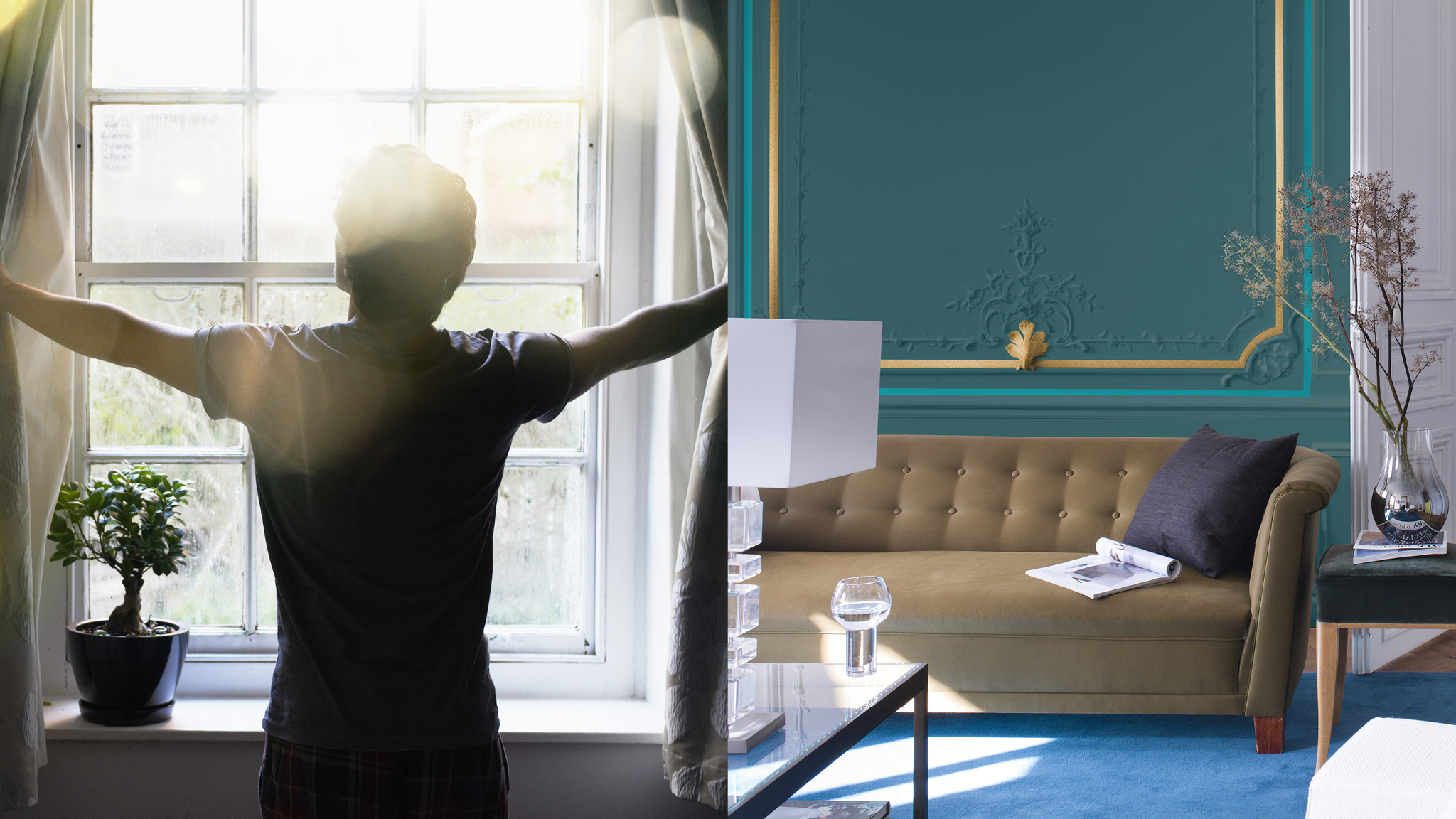 A beautiful bright living room В комнатах с окнами на восход происходит больше всего изменений в освещении в течение дня. На рассвете свет немного розоватый, а с постепенным подъемом солнца он переходит в голубоватый.